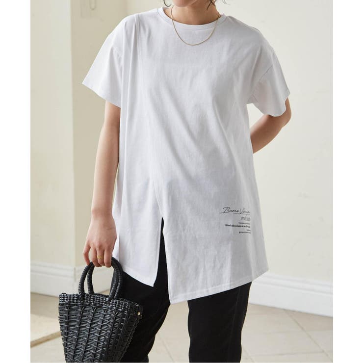 オフホワイト(フォト) | ロゴプリントアシメチュニックＴシャツ | RANAN