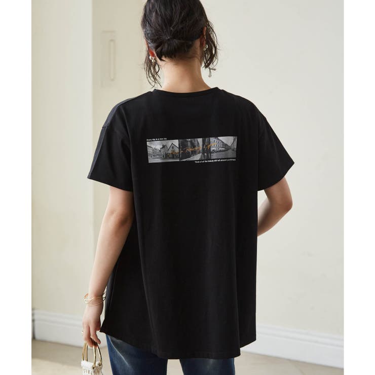 ブラック(フォト) | ロゴプリントアシメチュニックＴシャツ | RANAN