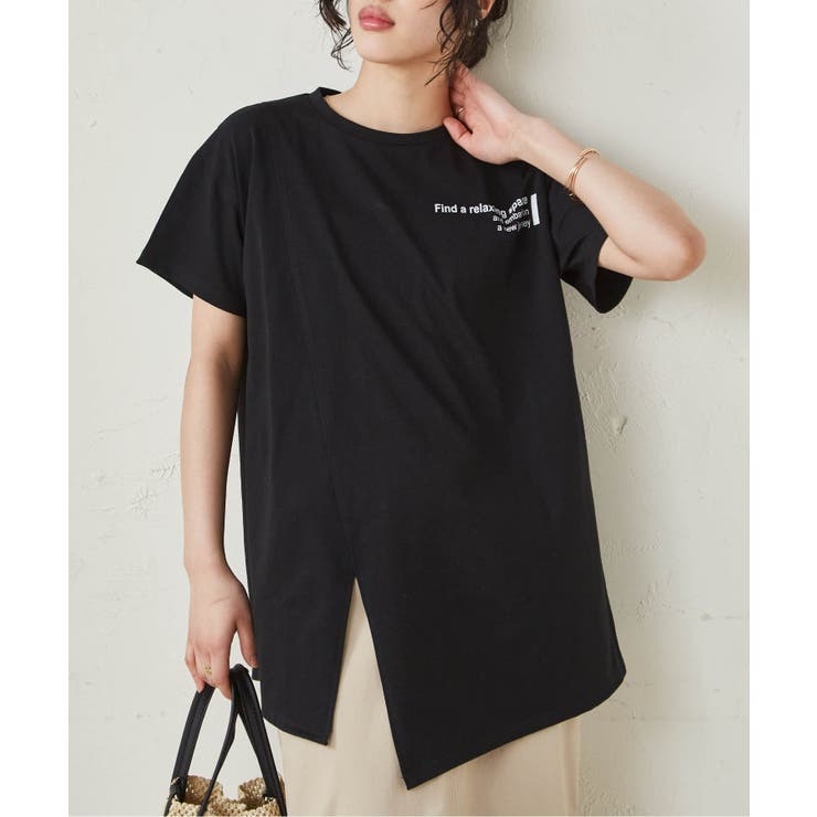 ブラック(ロゴ) | ロゴプリントアシメチュニックＴシャツ | RANAN