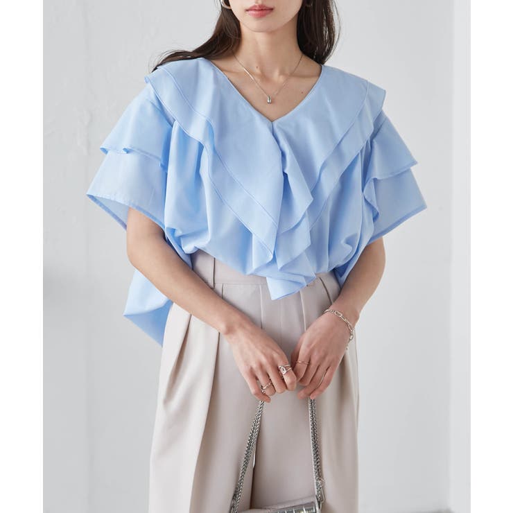 ブルー | ビッグカラーフリルハーフスリーブブラウス | RANAN