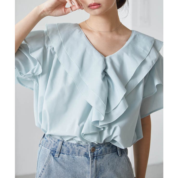 ミント | ビッグカラーフリルハーフスリーブブラウス | RANAN