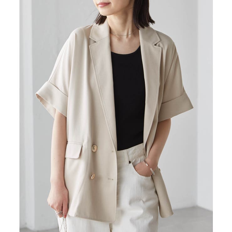 ベージュ | 麻調ダブルボタンハーフスリーブジャケット | RANAN