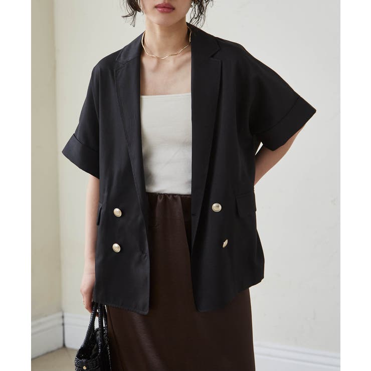 ブラック | 麻調ダブルボタンハーフスリーブジャケット | RANAN