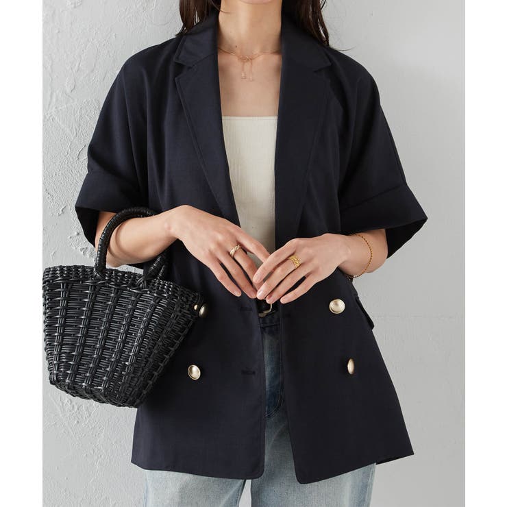 ネイビー | 麻調ダブルボタンハーフスリーブジャケット | RANAN