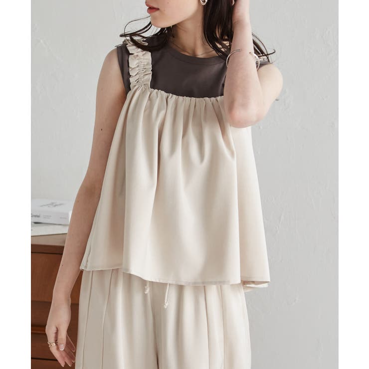 ベージュ | 【M～LLサイズ展開】麻調フリルデザインキャミセットアップ | RANAN