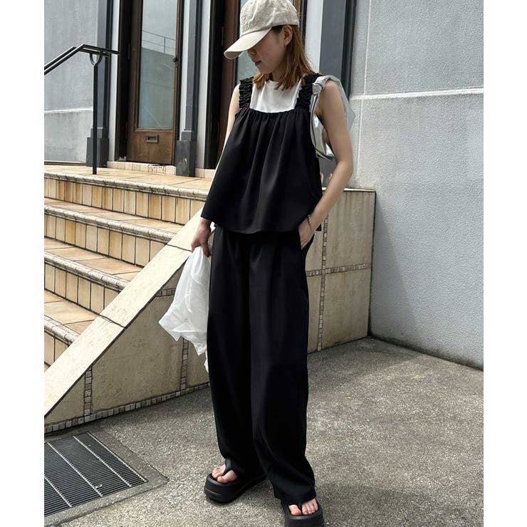 ブラック | 【M～LLサイズ展開】麻調フリルデザインキャミセットアップ | RANAN