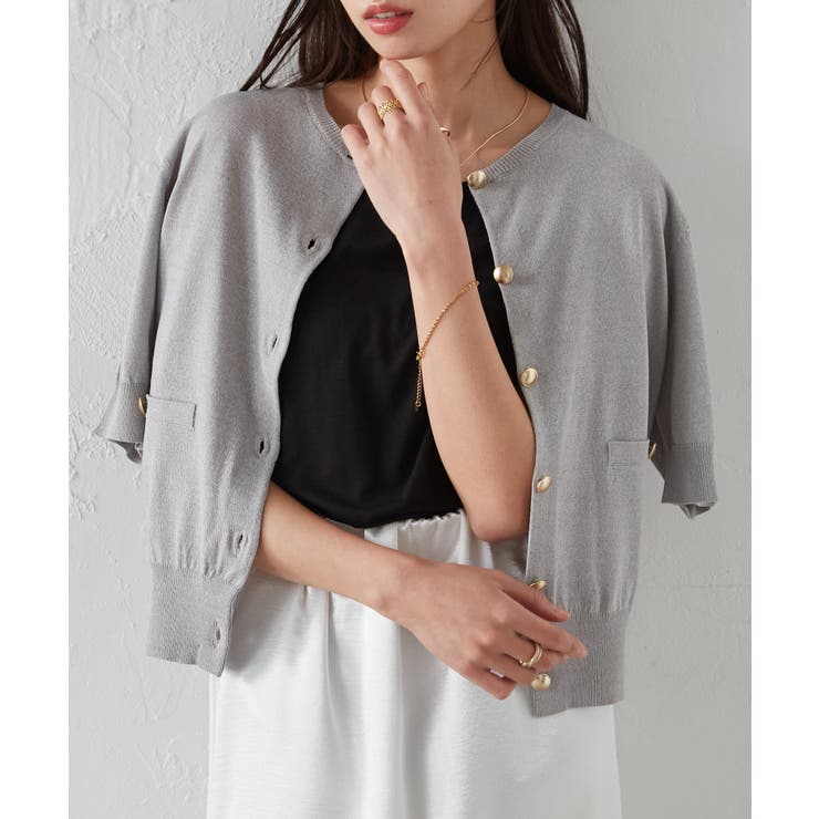 【洗える・ひんやり】ゴールド調ボタン5分袖ニットカーデ | RANAN | 詳細画像10 