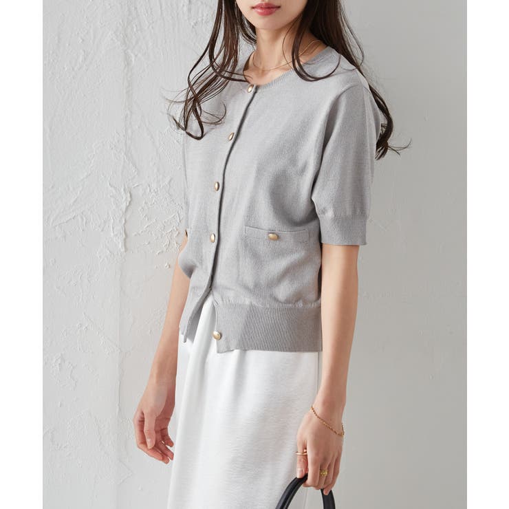 【洗える・ひんやり】ゴールド調ボタン5分袖ニットカーデ | RANAN | 詳細画像12 