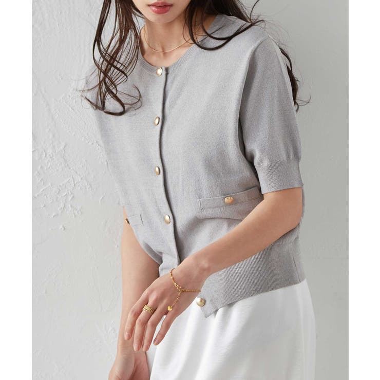 【洗える・ひんやり】ゴールド調ボタン5分袖ニットカーデ | RANAN | 詳細画像14 