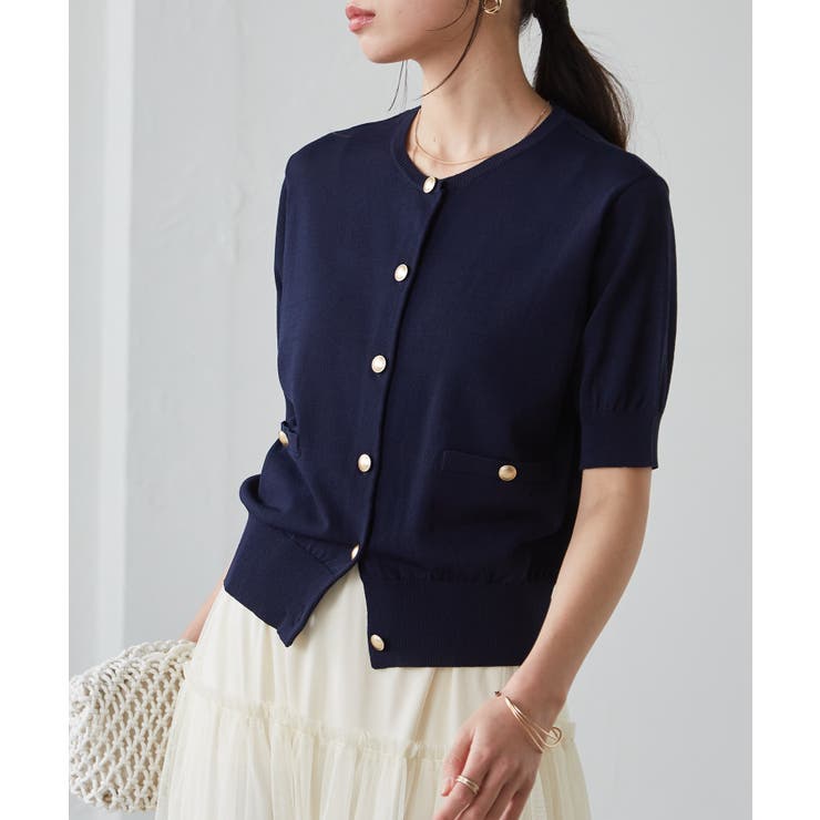 【洗える・ひんやり】ゴールド調ボタン5分袖ニットカーデ | RANAN | 詳細画像3 