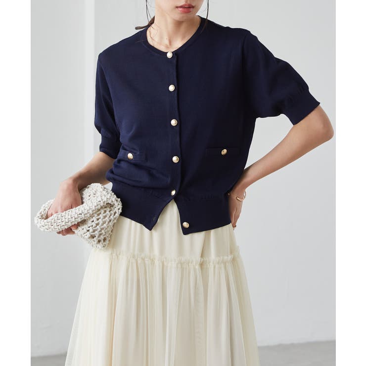 【洗える・ひんやり】ゴールド調ボタン5分袖ニットカーデ | RANAN | 詳細画像4 