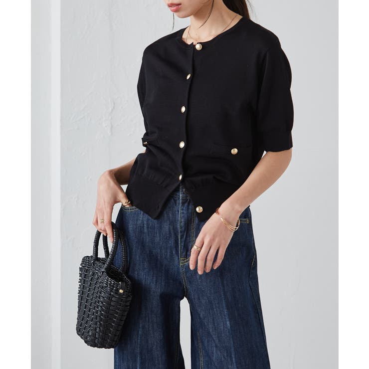 【洗える・ひんやり】ゴールド調ボタン5分袖ニットカーデ | RANAN | 詳細画像7 