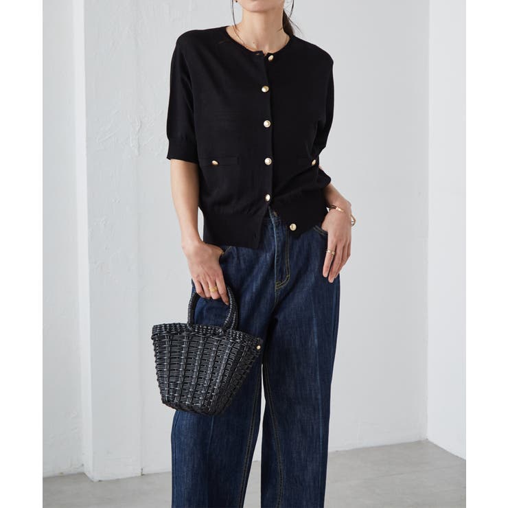 【洗える・ひんやり】ゴールド調ボタン5分袖ニットカーデ | RANAN | 詳細画像9 