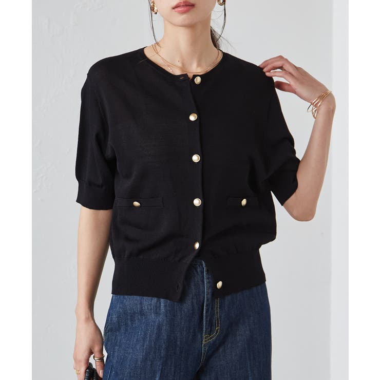 ブラック | 【洗える・ひんやり】ゴールド調ボタン5分袖ニットカーデ | RANAN