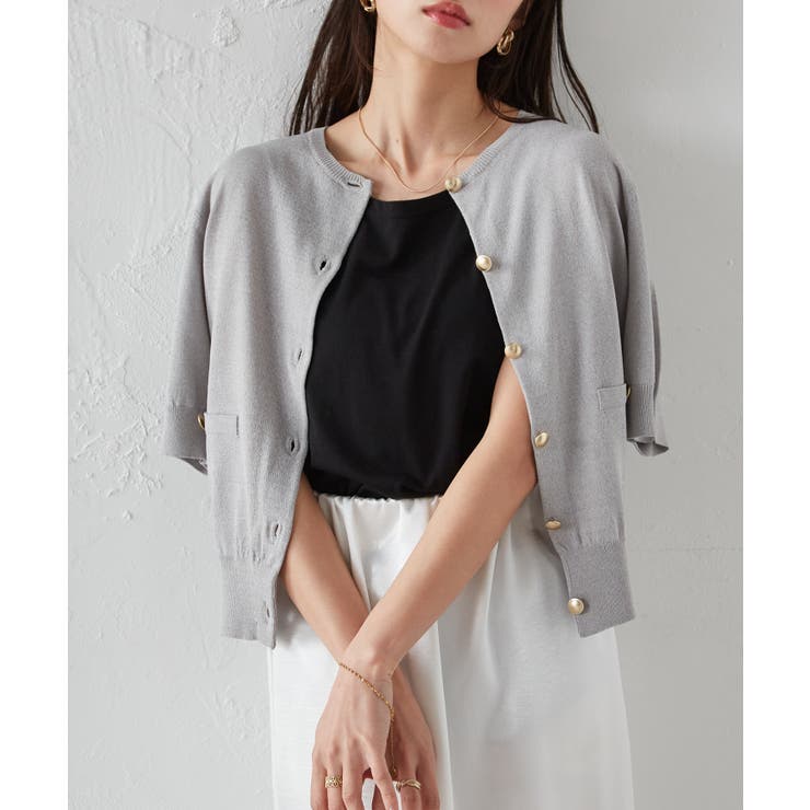 グレー | 【洗える・ひんやり】ゴールド調ボタン5分袖ニットカーデ | RANAN