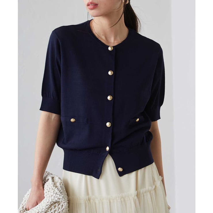 ネイビー | 【洗える・ひんやり】ゴールド調ボタン5分袖ニットカーデ | RANAN