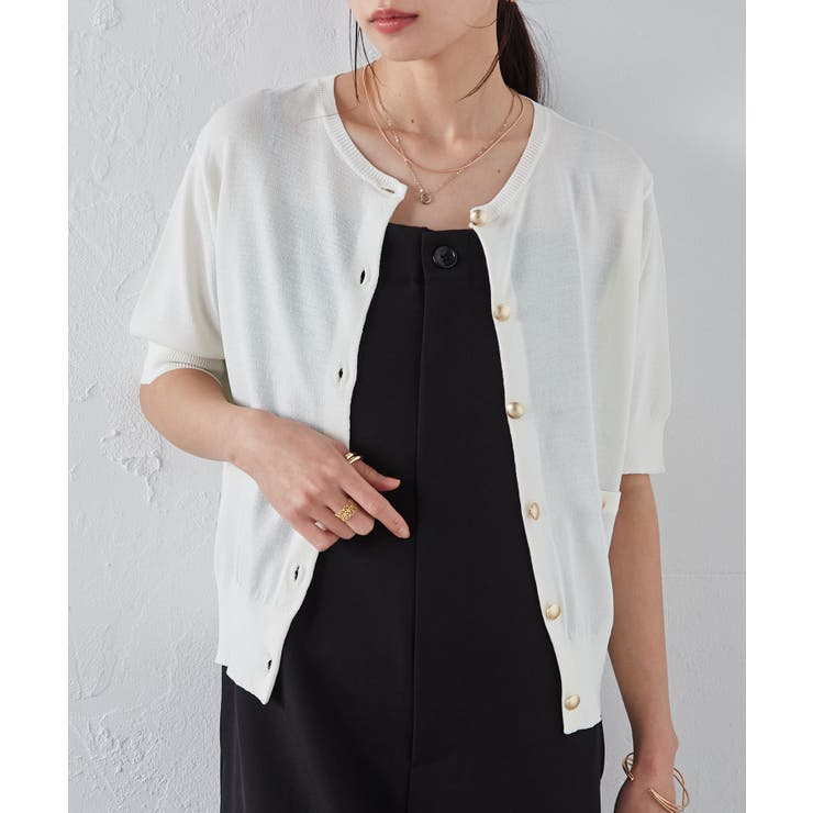 オフホワイト | 【洗える・ひんやり】ゴールド調ボタン5分袖ニットカーデ | RANAN