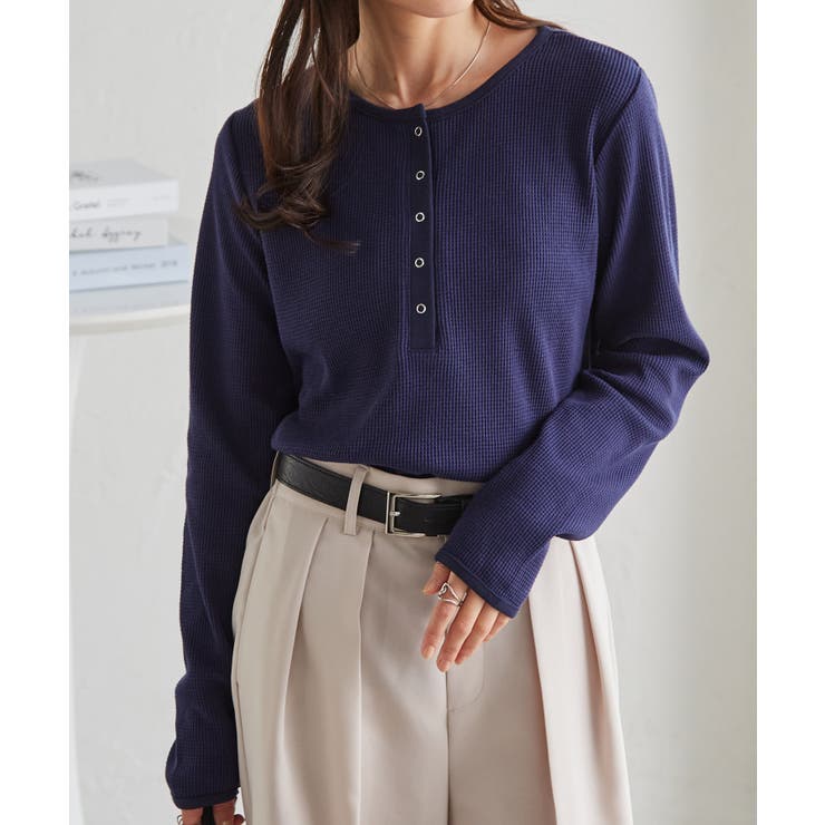 ネイビー | ヘンリーネックワッフルロンＴ | RANAN