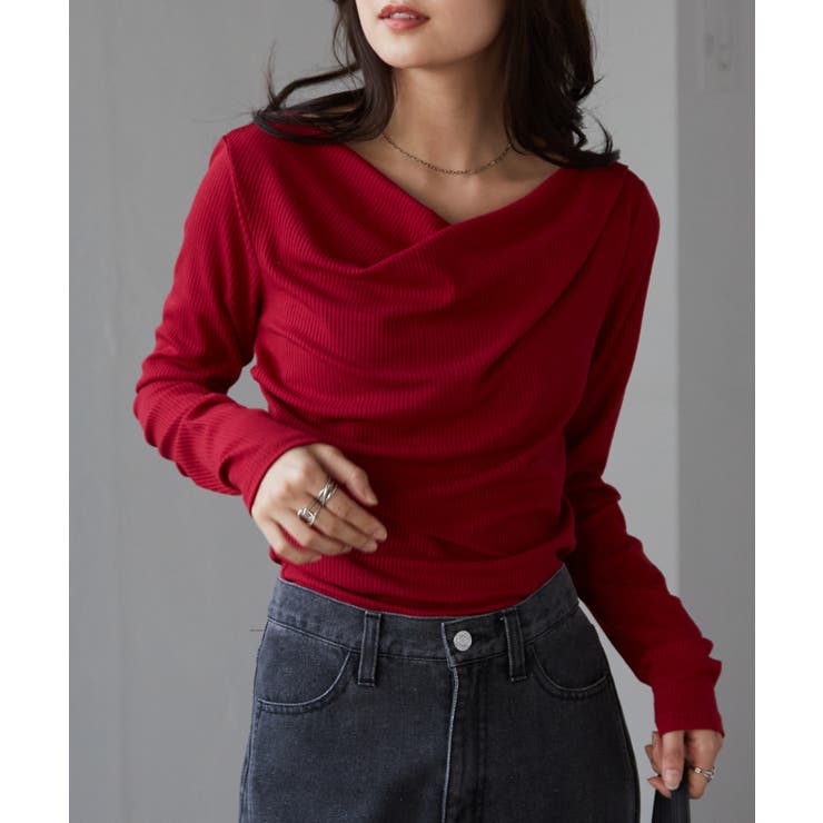 レッド | ドレープオフショルリブロンＴ | RANAN