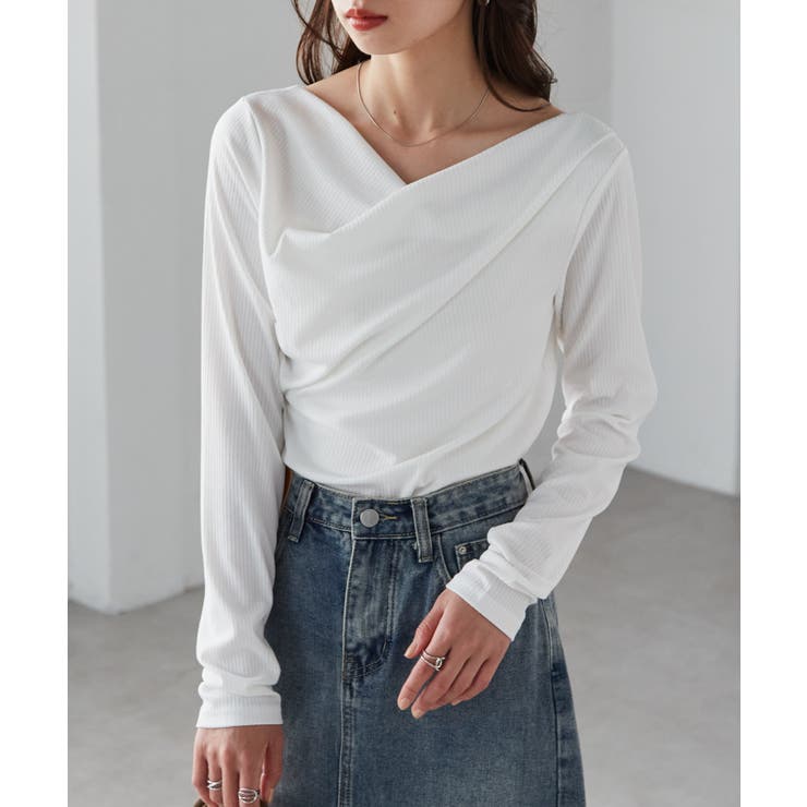 ホワイト | ドレープオフショルリブロンＴ | RANAN