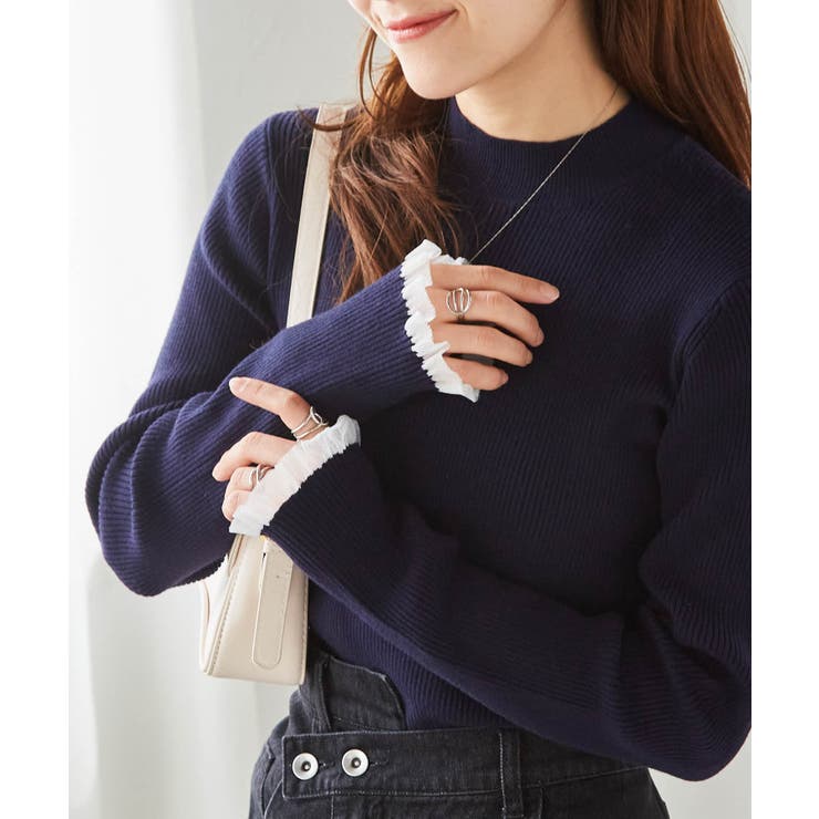 ネイビー | シアーフリルハイネックリブニット | RANAN