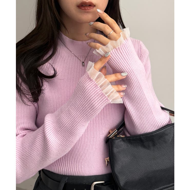 ピンク | シアーフリルハイネックリブニット | RANAN
