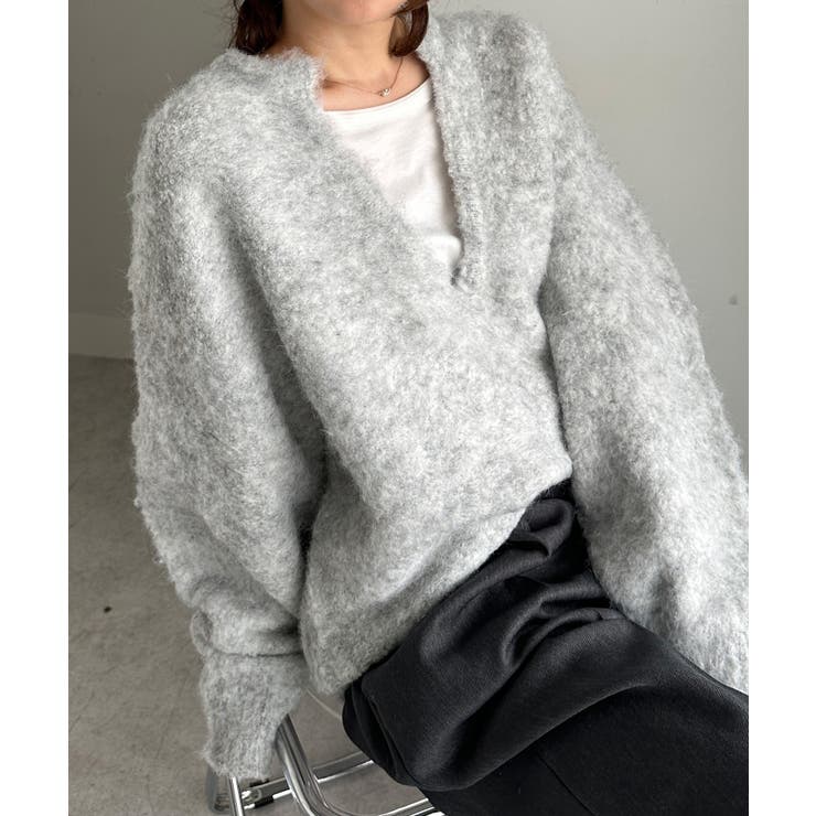 ライトグレー | ディープキーネックシャギーニット | RANAN