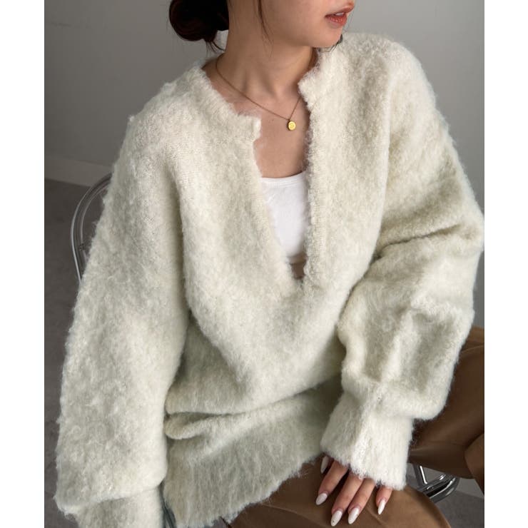 オフホワイト | ディープキーネックシャギーニット | RANAN