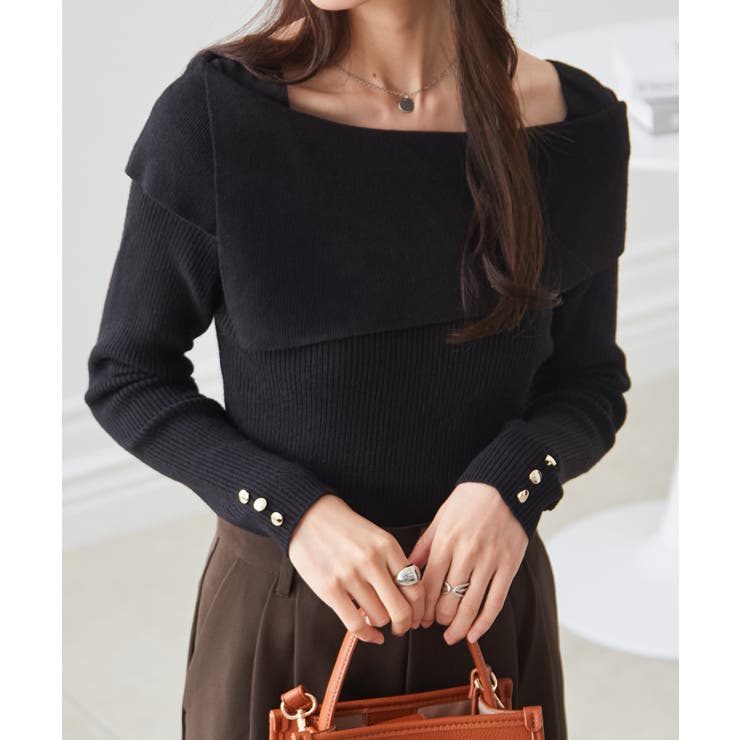 ブラック | アシメオフショルリブニット | RANAN