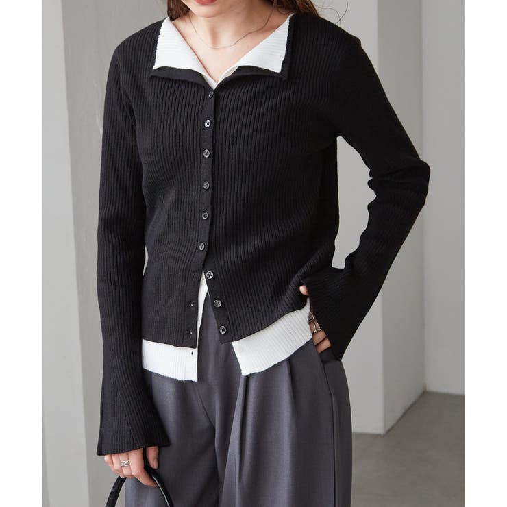 ブラック/オフホワイト | レイヤード配色ニットカーディガン | RANAN