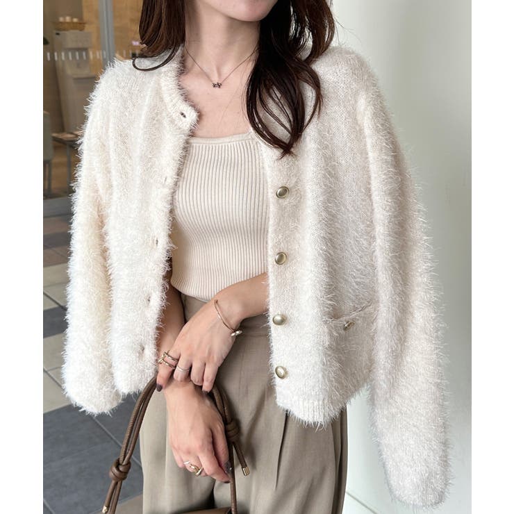 ゴールドボタンラメフェザーカーディガン[品番：RANW0000096]｜RANAN