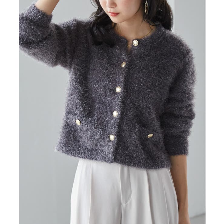 ゴールドボタンラメフェザーカーディガン[品番：RANW0000096]｜RANAN