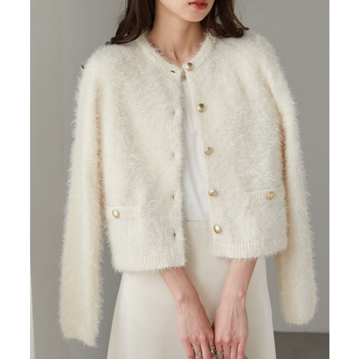 アイボリー | ゴールドボタンラメフェザーカーディガン | RANAN