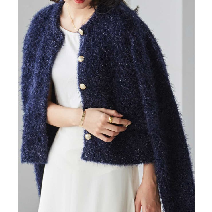 ネイビー | ゴールドボタンラメフェザーカーディガン | RANAN