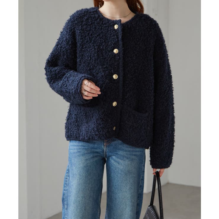 ゴールド調ボタンループ編みニットジャケット[品番：RANW0000098