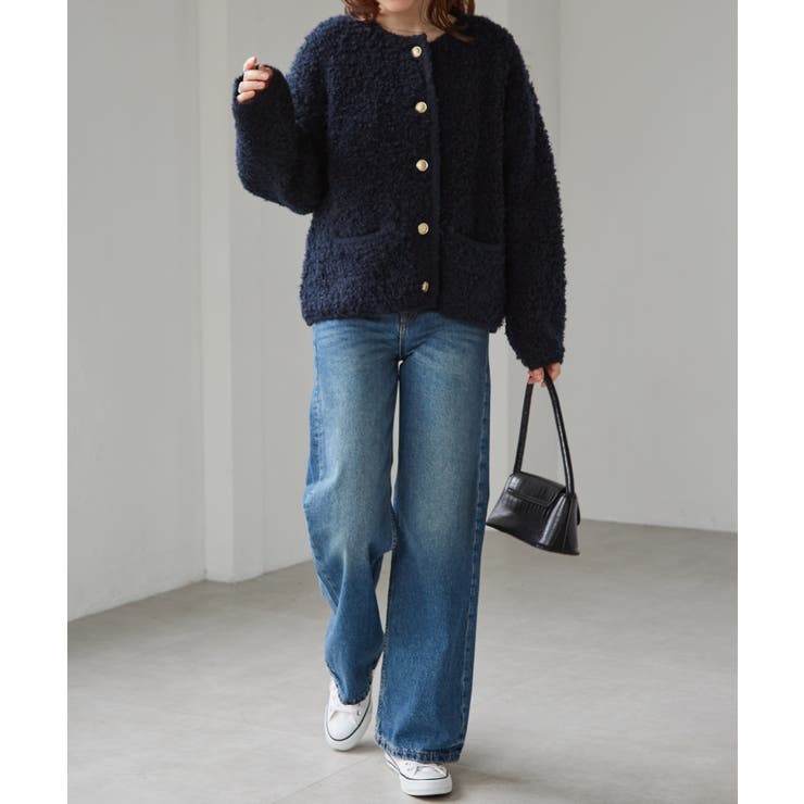 ゴールド調ボタンループ編みニットジャケット[品番：RANW0000098