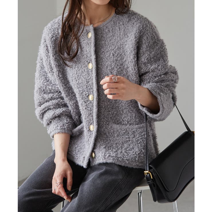 ゴールド調ボタンループ編みニットジャケット[品番：RANW0000098