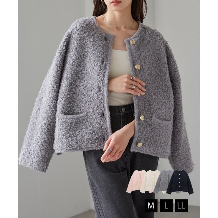 ゴールド調ボタンループ編みニットジャケット[品番：RANW0000098