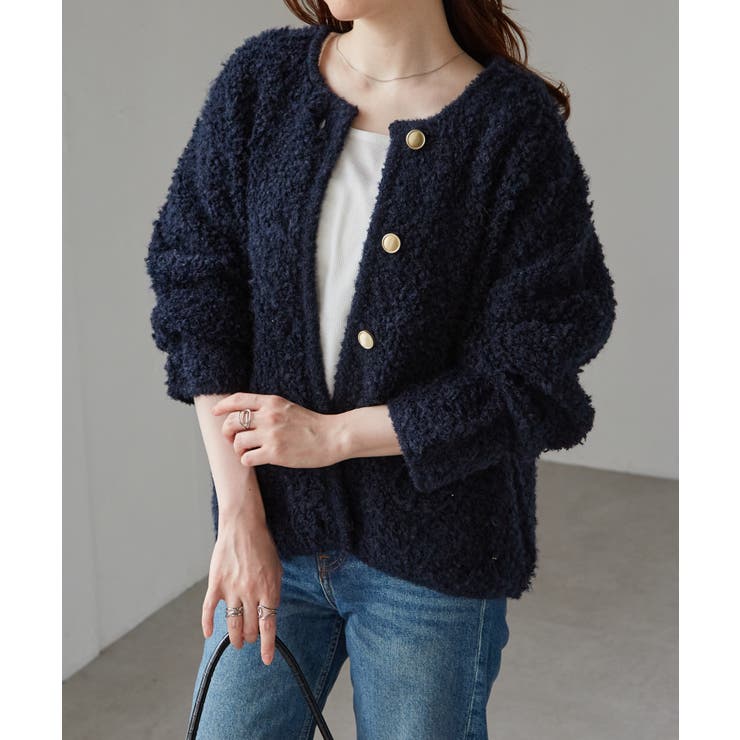 ゴールド調ボタンループ編みニットジャケット[品番：RANW0000098