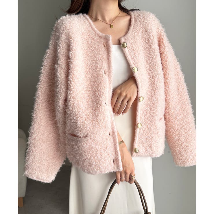 ピンク | ゴールド調ボタンループ編みニットジャケット | RANAN