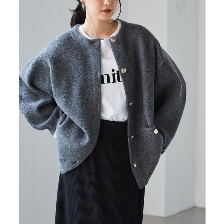 ゴールドボタン裏配色ニットカーディガン[品番：RANW0000099]｜RANAN