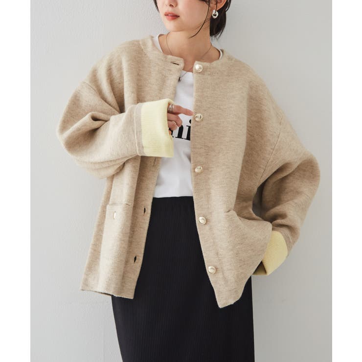 ゴールドボタン裏配色ニットカーディガン[品番：RANW0000099]｜RANAN