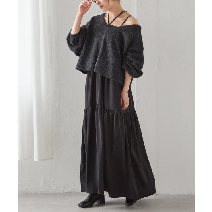 チャコール/ブラック | シャギーニット×キャミワンピースセット | RANAN