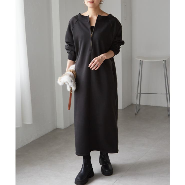 ブラック | 裏起毛ハーフジップワンピース | RANAN