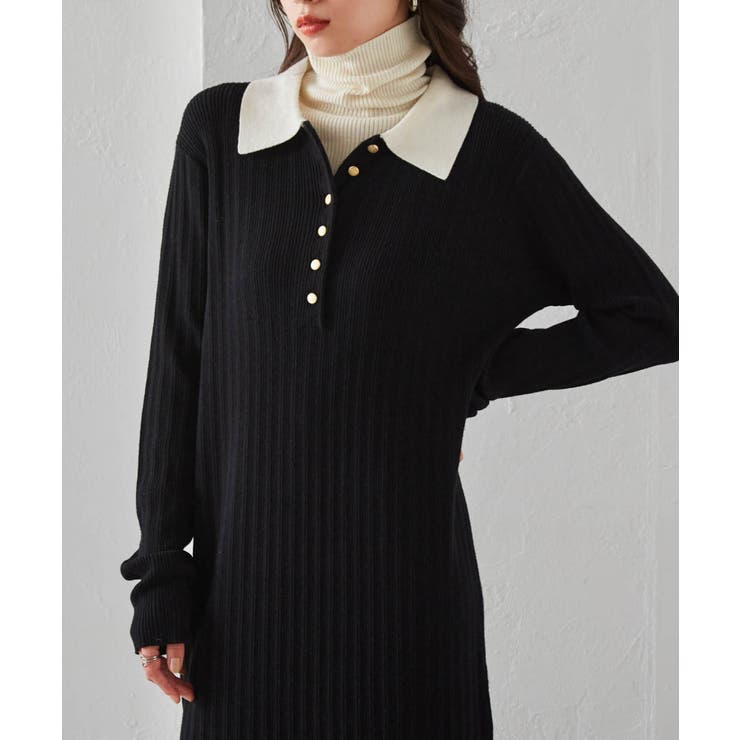 ブラック | ポロカラーリブニットワンピース | RANAN