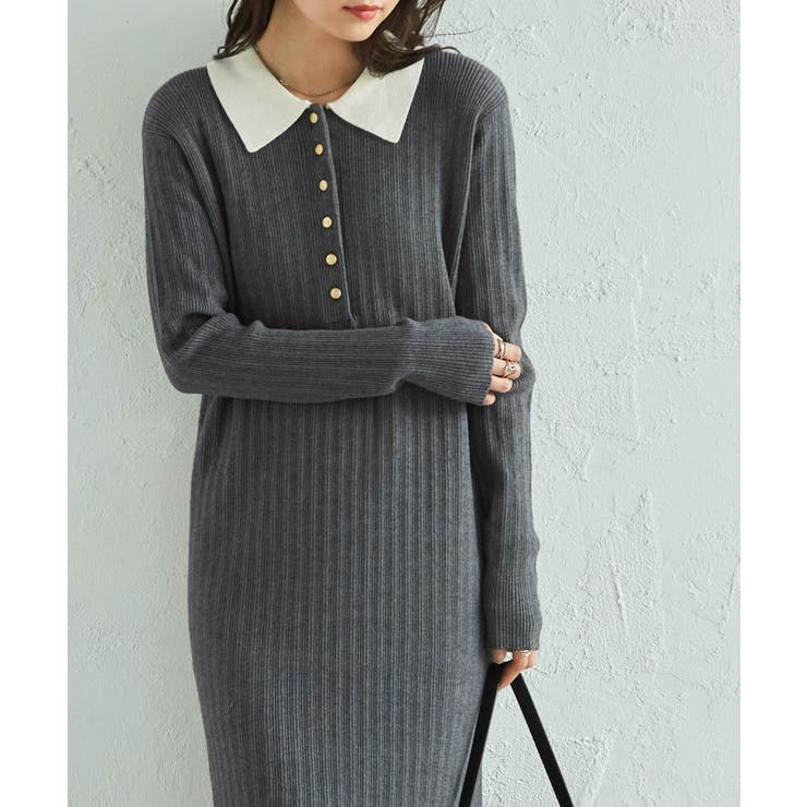 グレー | ポロカラーリブニットワンピース | RANAN