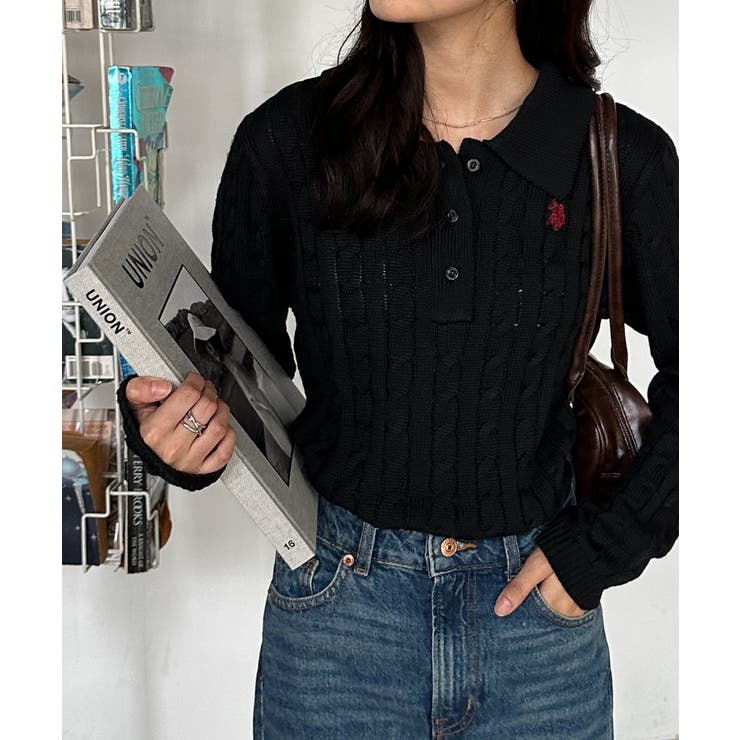 ブラック | ＜Ｕ．Ｓ．Ｐ＞刺繍長袖ケーブルポロニット | RANAN