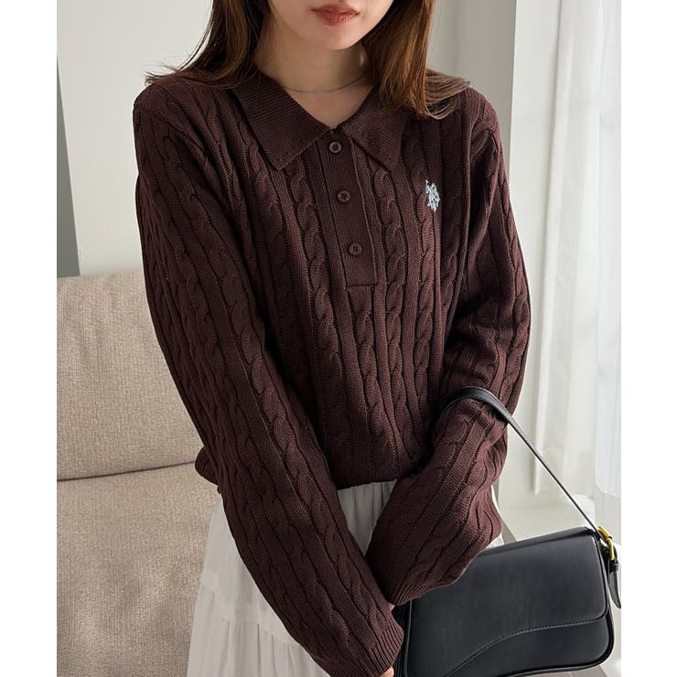ブラウン | ＜U.S.POLO ASSN.＞刺繍長袖ケーブルポロニット | RANAN