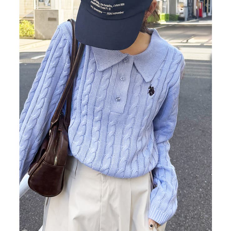 ブルー | ＜Ｕ．Ｓ．Ｐ＞刺繍長袖ケーブルポロニット | RANAN