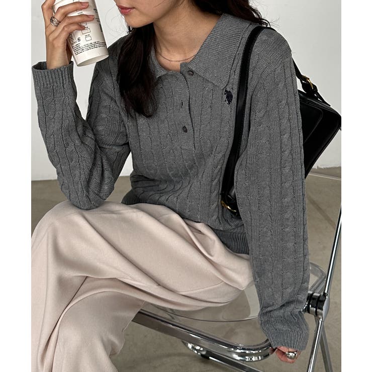 グレー | ＜Ｕ．Ｓ．Ｐ＞刺繍長袖ケーブルポロニット | RANAN